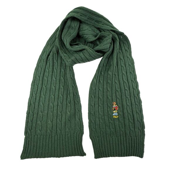 Ralph Lauren Polo Cable Knit Teddy Bear Basketball Embroidered Scarf Green 8x68 - Picture 1 of 5